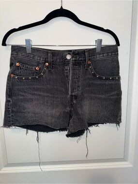 Levi's Black Distressed Denim Cutoff Shorts with Stud Accents